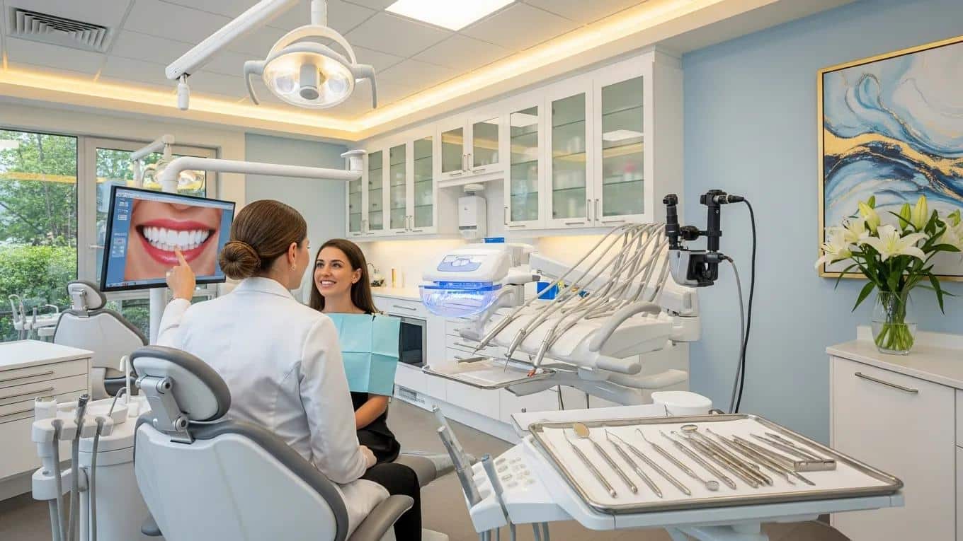 Modern dental clinic interior with a dentist consulting a patient emphasizing cosmetic dentistry services 3df63f2f fec5 4ee7 b406 d7eb374e03be